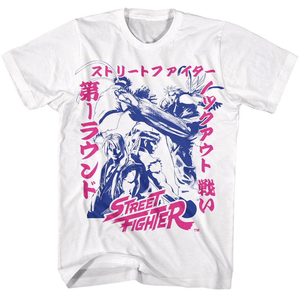 Street Fighter - Two Tone Japanese Graphics - American Classics - Solid White Adult Short Sleeve T-Shirt