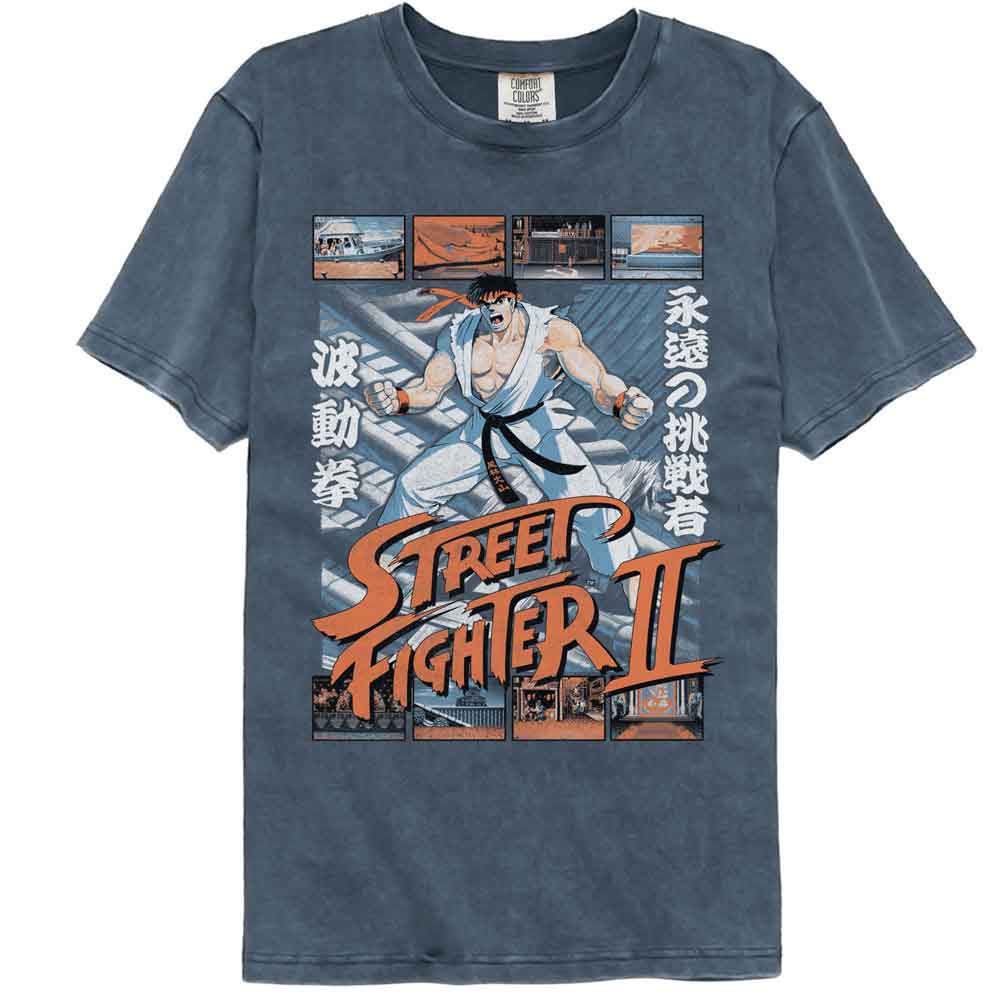 Street Fighter - Ryu W Various Game Scenes - American Classics - Solid Blue Adult Short Sleeve Comfort Color T-Shirt