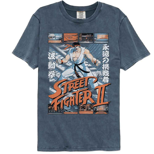 Street Fighter - Ryu W Various Game Scenes - American Classics - Solid Blue Adult Short Sleeve Comfort Color T-Shirt