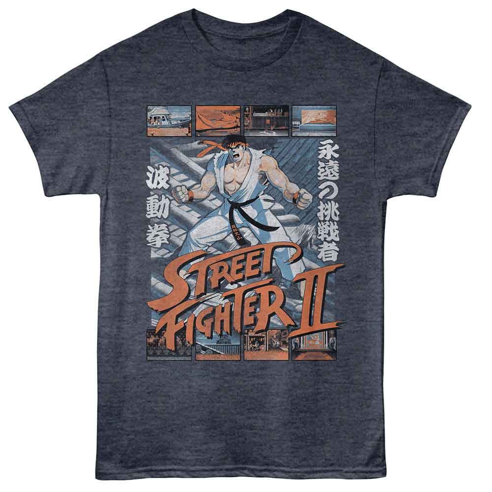 Street Fighter - Ryu Various Game Scenes - American Classics - Navy Heather Adult Short Sleeve T-Shirt
