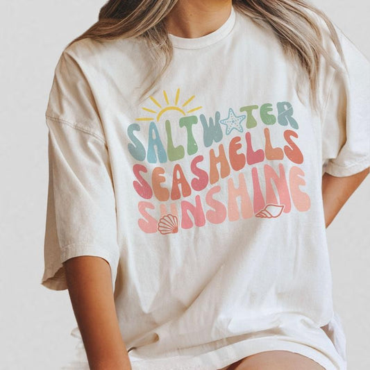 Saltwater Seashells Sunshine Shirt, Summer Shirt, Comfort Shirt for Women, Beach TShirt, Summer Vacation TShirts, Saltwater Tee, Sunsets Tee, Matching Beach TShirt, Groovy Summer Shirts, Girls Trip Shirts, Gift for Friend Women Top