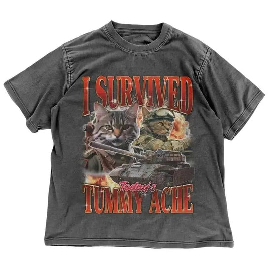 Sarcastic Cat Meme Shirt | I Survived Today's Tummy Ache | Vintage Style Ironic Tshirt | Goofy Cat Shirt | Comfort Colors Distressed Tee 100% cotton