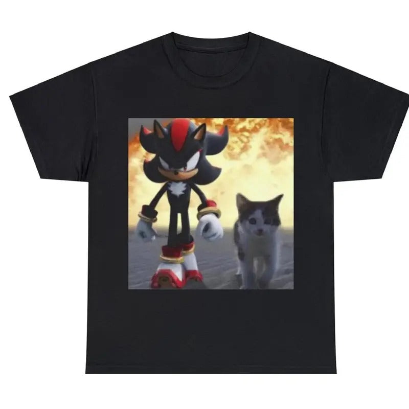 Shadow The Hedgehog & Cat T-shirt, Hedgehog,Meme,unisex shirt, Cat, Cat lovers, Gamer, Gift, sega, feline, meme gift, funny image Menswear Top Underwear Tshirt Streetwear Man Tropical Crewneck Shortsleeve Round Neck Casual