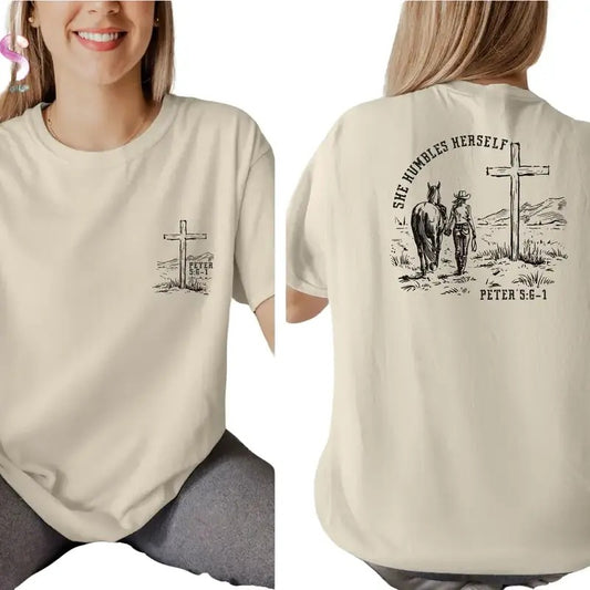She Humbles Herself Peter 5:6-1 Bible Verse T-Shirt, Christian Country Shirt, Cowgirl Retro Western Tee Shirt Cotton Top Womenswear Light