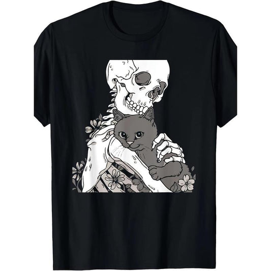 Skeleton Holding A Cat Shirt Lazy Halloween Costume Skull T-Shirt 220g 10000 Links made in usa
