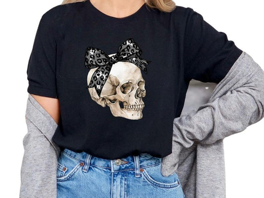 Skull with Cheetah Bow Women's Top, Graphic Shirt, Skull Shirt, Tie Dye Shirt, Casual Cotton Shirt for Women, Graphic Tee, Sarcastic, Womenswear, Streetwear, Tshirt Crewneck Short Sleeve Adult Homor T-Shirt, Leopard Print, Cheetah Print, Halloween Shirt