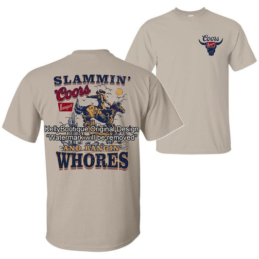 Slammin C and Bngin' W Funny Drinking Humor Party T-shirt, Western Cowboy Rodeo Horse Riding C Banqet Beer Design 2 Sided Unisex Cotton T-shirt for Men for Women Menswear Womenswear Top Classic