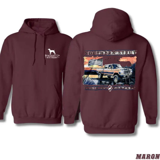 Southern Strut Hoodie - Classic Pickup Truck and American Flag Design, Perfect for Fans of Southern Pride and Country Living, Unisex Hoodie Offering Comfort and Style for Those Who Embrace Southern Heritage and the Rugged Outdoors Menswear Sweaters