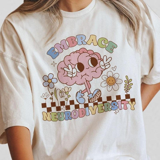 Special Education Comfort Colors Shirt, Teacher Retro Graphic Embrace Neurodiversity Shirt, Neurodivergent T-Shirt, ADHD Shirt, Inclusion Shirt, Mental Health Tee, Sped Teacher Shirt, Teacher Women Top Breathable Casual Comfortable Tshirt Lady