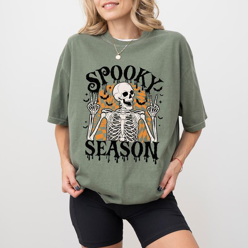 Spooky Season Comfort Colors Shirt, Funny Skeleton Halloween Graphic Tee, Spooky Vibes Unhinged Shirt, Funny T-shirt For Women, Halloween Gifts, Skull Shirt, Comfy Fabric Graphic Tee, Women's Top, Womenswear, Cotton Fabric Relaxed Fit Chic Style