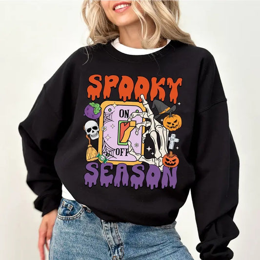 Spooky Season Switch On Sweatshirt, Funny Halloween Crewneck, Creepy Witchy Sweatshirt For Women, Spooky Season Sweater, Halloween Party Tee, Cute Halloween Sweatshirt, Comfy Long Sleeve Pullover, Women's Tops, Casual Womenswear, Comfort Fabric Cotton Top