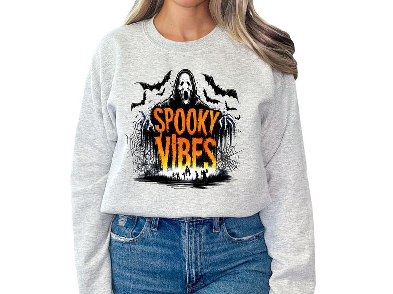 Spooky Vibes Horror Movie Halloween Sweatshirt or Hoodie, Halloween Hoodie for Women, Long Sleeve Crewneck Sweatshirt, Casual Halloween Shirt, Everyday Womenswear, Trendy Halloween