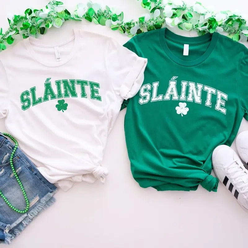 St Patrick's Day Slainte Irish Paddy's Day Shamrock Graphic Printed Unisex Classic Cotton T-shirt Sweatshirt Hoodie