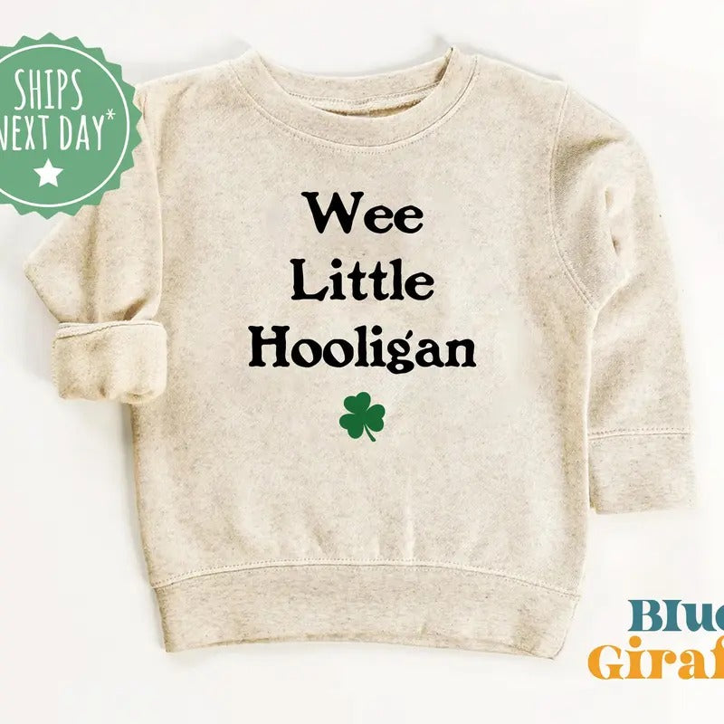 St Patricks Day Baby Bodysuit - Wee Little Hooligan Kids Sweatshirt - St Patrick's Day Pullover - Vintage Natural Crew Neck