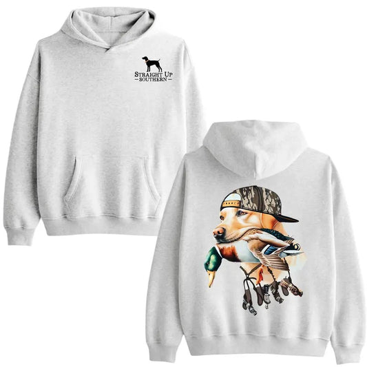 Straight Up Southern Hoodie - Bold Black Hunting Dog with Duck Graphic, Perfect for Outdoorsmen and Waterfowl Hunters, Unisex Hoodie for Adventure and Style Menswear Hoodie