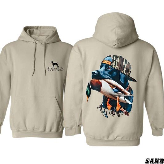 Straight Up Southern Hoodie - Bold Black Hunting Dog with Duck Graphic, Unisex Sweatshirt for Outdoor and Waterfowl Hunters, Casual Style, Printed, Soft, Spandex, Winter