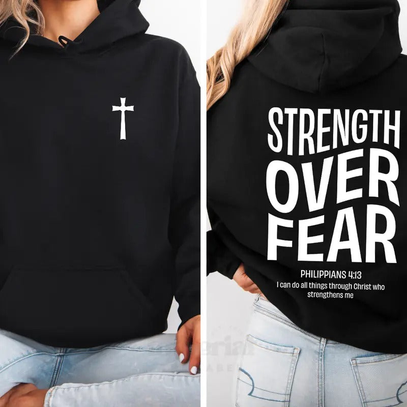 Strength Over Fear Hoodie, Motivational Hoodie for Confidence, Empowerment Streetwear, Positive Vibes Apparel, Bold Inspirational Fashion, Trendy Hoodie for Men & Women, Fearless & Strong Graphic Sweatshirt Casual Fabric