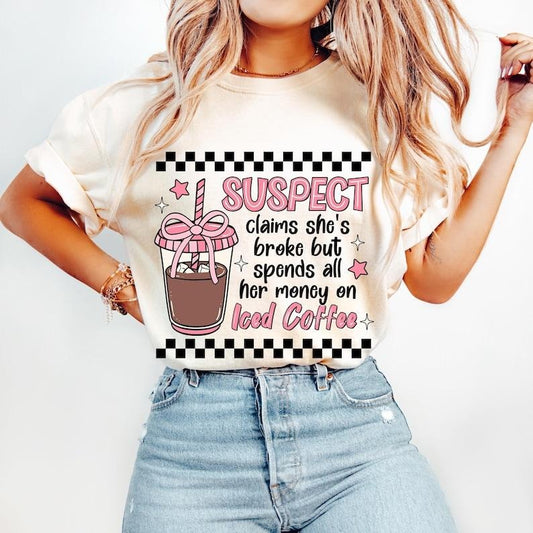 Suspect Claims She? Broke Iced Coffee, Suspect Claims, Funny Iced Coffee, Retro Checkered Sarcastic, Pink Coquette Tshirt