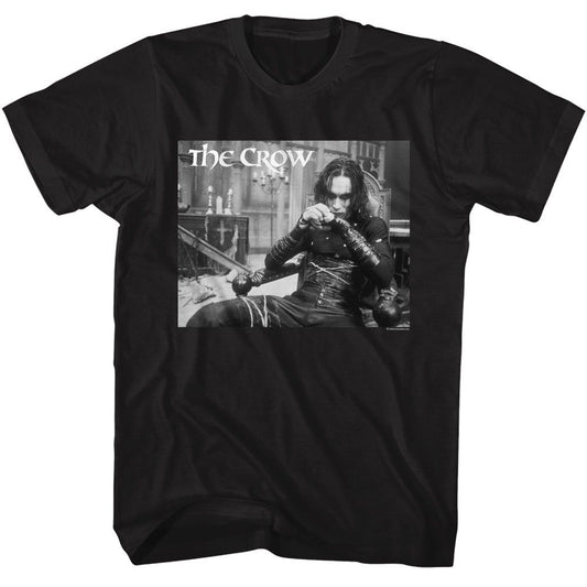 The Crow - Draven In Chair - American Classics - Solid Black Adult Short Sleeve T-Shirt