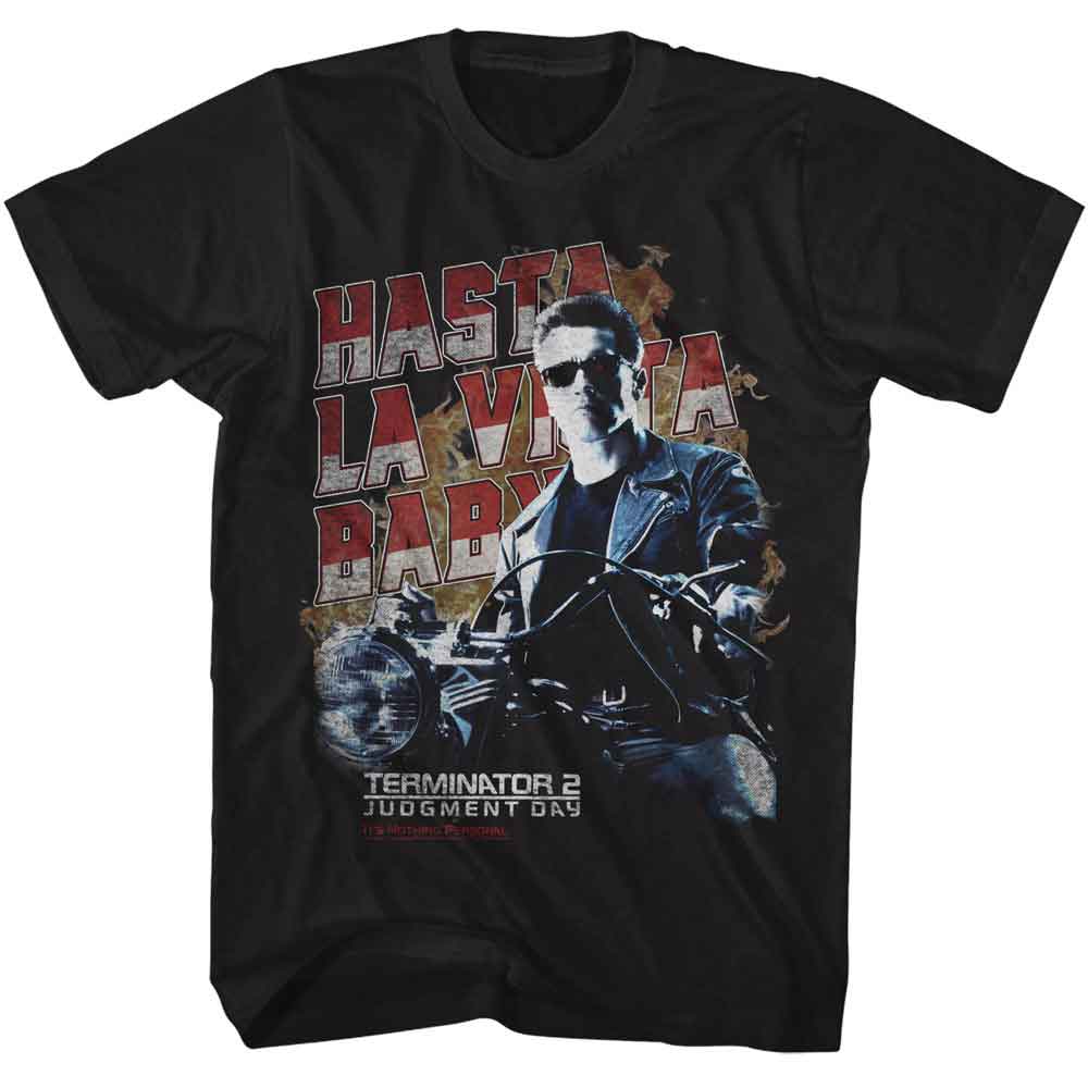 Terminator 2 - Hasta La Vista Motorcycle - American Classics - Black Front Print Adult Short Sleeve T-Shirt
