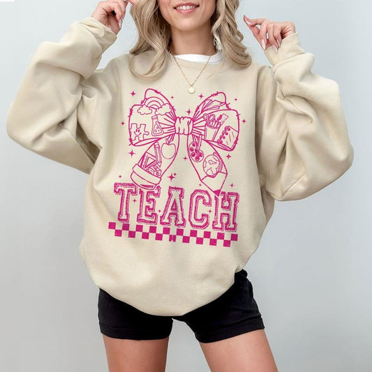 Teach Bow Shirt, Teacher Appreciation T-Shirt, Cute Education Sweatshirt, School Staff Gift, Pink Teacher Tee