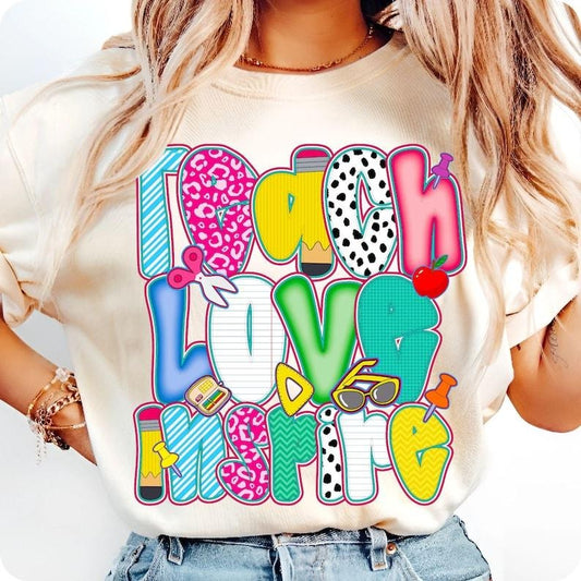 Teach Love Inspire Back to School Teacher Life Inspirational Graphic for Teacher Squad First Day Shirt School Fun Day T-Shirt