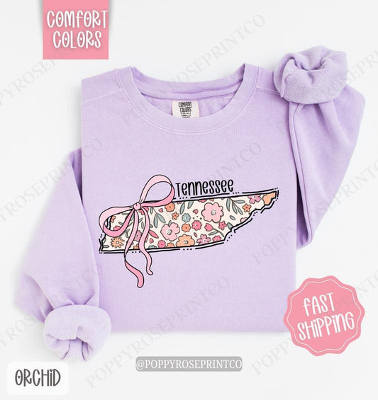 Tennessee Floral Bow Comfort Colors Sweatshirt, Cute Trendy State Coquette Pullover