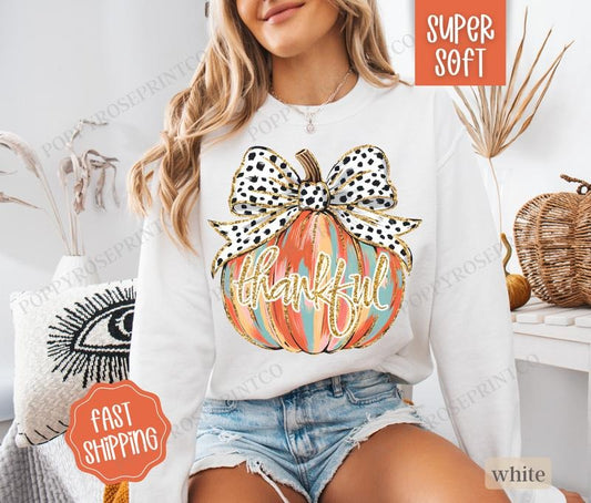 Thankful Pumpkin Sweatshirt, Thanksgiving Sweater, Women's Fall Crewneck