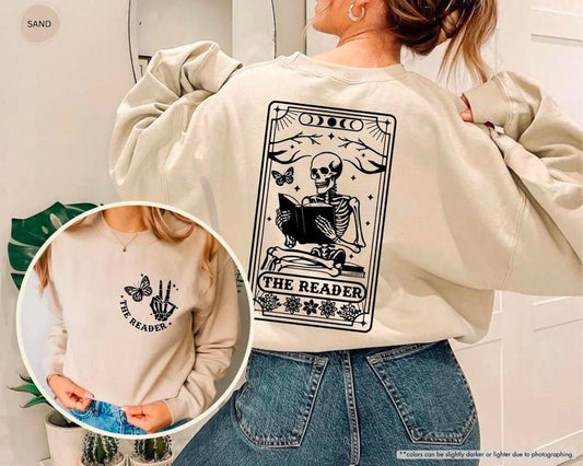 The Reader Tarot Card Hoodie Sweatshirt, Skeleton Reading Shirt, Reading Teacher Sweater, Book Lover Gift, Bookish, Reading Addict, Book Nerd Shirt