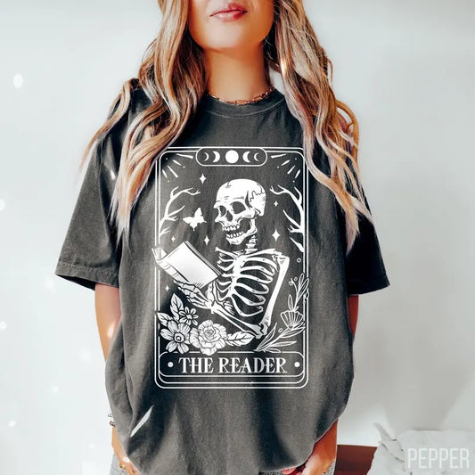 The Reader Tarot Card Shirt, Skeleton Reading Shirt, Unisex Tarot Card Shirt, Book Lover Gift, Bookish Gift,Tarot Lover Gift Book Club T-Shirt Bookish Gift T-Shirt