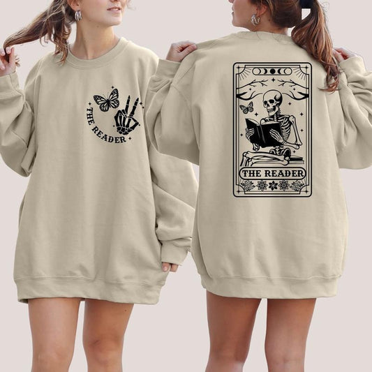 The Reader Tarot Card Sweatshirt, Skeleton Reading Hoodie, Book Lover Gift For Women, Book Lover Shirt, Tarot Card Unisex Soft Comfort Crewneck Pullover Long Sleeves Graphic Fabric Sweater