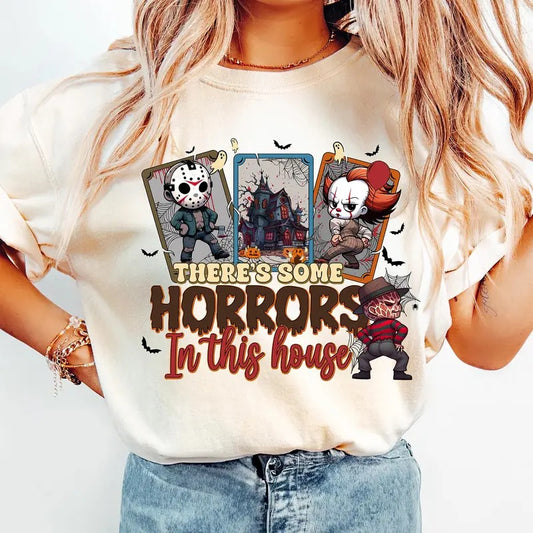 There's Some Horrors In This House Shirt, Funny Halloween Tshirt, Spooky Season Halloween Shirt, Trendy Funny Halloween Pumpkin Shirt