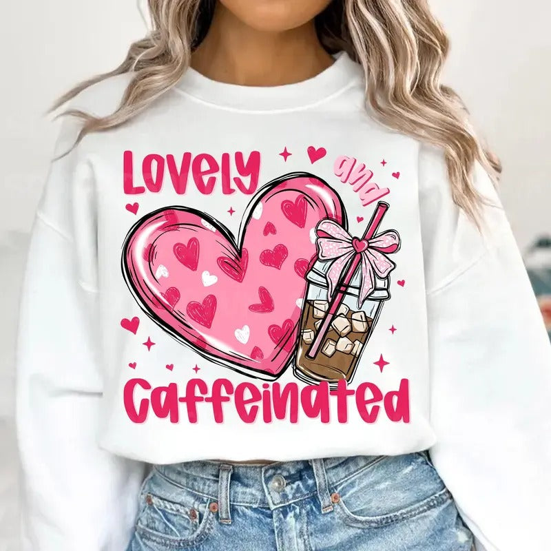 To Be Lovely & Caffeinated Sweatshirt, Valentine's Day Gifts for Her, Coffee Valentine Heart Shirt, Valentine Coquette Bow Shirt