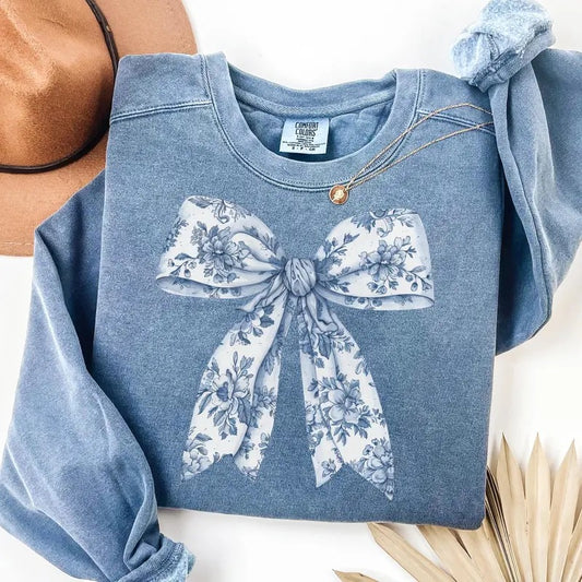 Toile De Jouy Coquette Bow Sweatshirt Blue Ribbon Sweater Girly Aesthetic