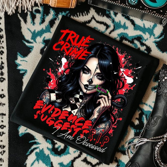 True Crime, Evidence Suggests I Am Obsessed Edgy Graphic Tee featuring 'RED' and bold artwork, Unisex T-Shirt, Alternative Fashion, Gift for Art Lovers, Unique Casual Wear, Perfect for