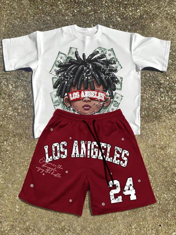 Two-Piece Set Men's Cartoon Figure Print Short Sleeve Tee & Letter Print Shorts, Regular Fit Casual Round Neck T-shirt & Track Shorts, Men's Summer Clothes