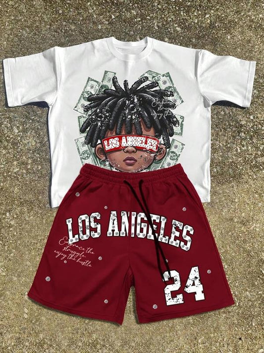 Two-Piece Set Men's Cartoon Figure Print Short Sleeve Tee & Letter Print Shorts, Regular Fit Casual Round Neck T-shirt & Track Shorts, Men's Summer Clothes