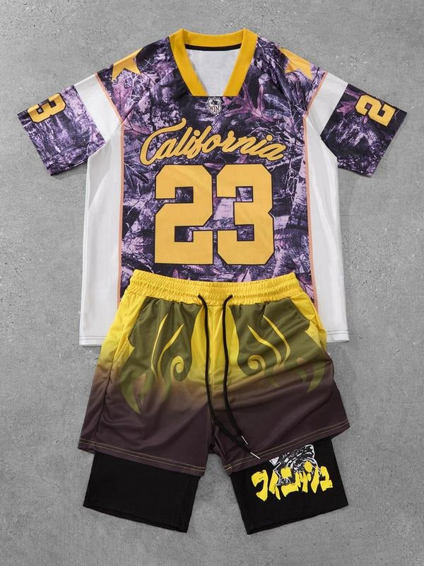 Two-Piece Set Men's Letter & Camo Print Short Sleeve Tee & Shorts Set, Regular Fit Round Neck T-shirt & Shorts, Casual Summer Clothes Set for Outdoor Sports