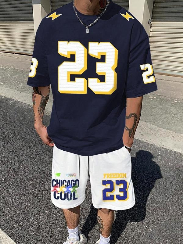 Two-Piece Set Men's Number Print Short Sleeve Tee & Shorts Set, Regular Fit Casual Round Neck T-shirt & Track Shorts, Men's Summer Clothes