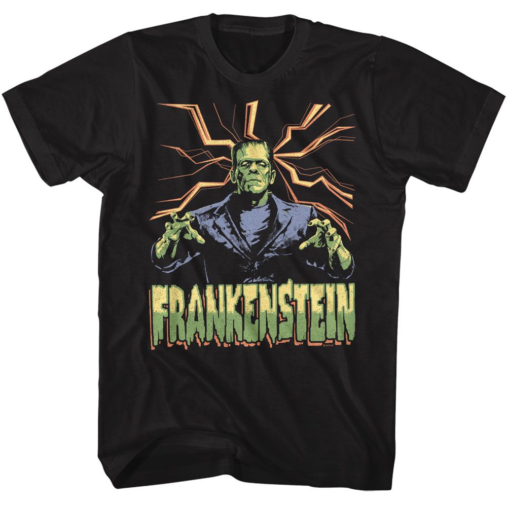 Universal Monsters - Frankenstein Lightning Background - American Classics - Solid Black Adult Short Sleeve T-Shirt