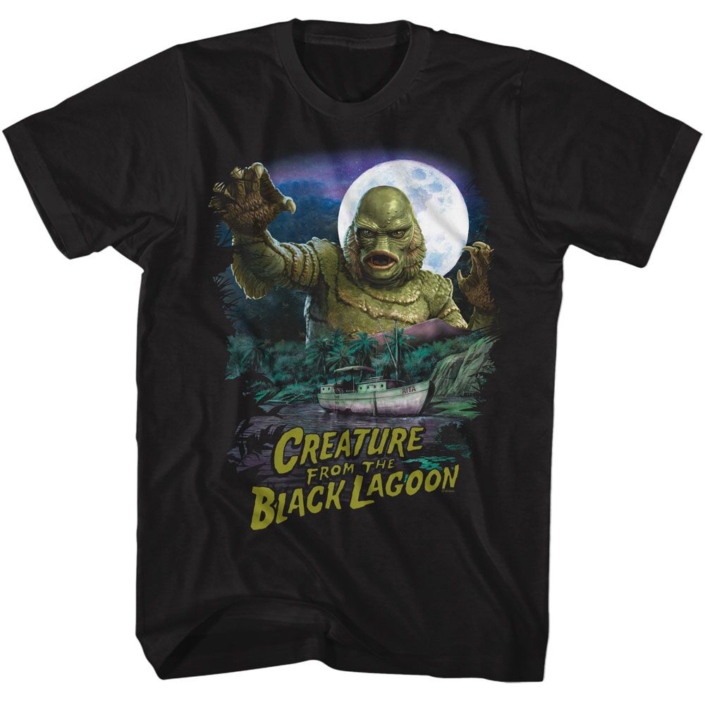 Universal Monsters - Creature And Boat Scene - American Classics - Solid Black Adult Short Sleeve T-Shirt