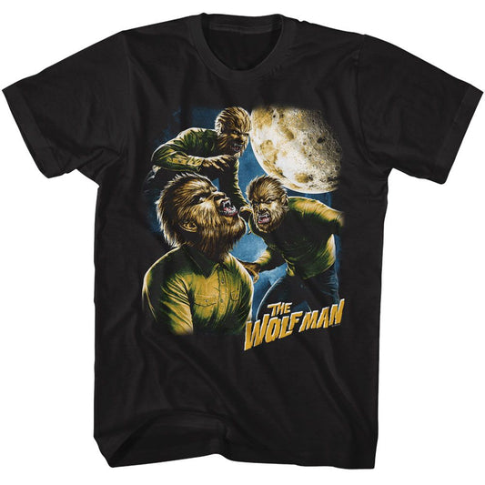 Universal Monsters - Three Wolfman Moon - American Classics - Solid Black Adult Short Sleeve T-Shirt