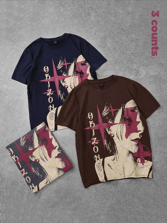 Unisex Men's Cross & Star Print Short Sleeve Tee, Casual Fashion Round Neck T-shirt for Daily Wear, Men's Summer Clothes, Top