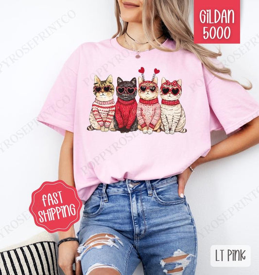 Valentine Cats Shirt Gildan, Valentine's Day Women's Tee, Holiday Cat Women's Tshirt Plus Sizes
