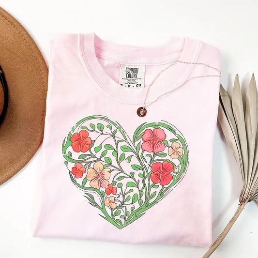 Valentines Day Heart Comfort Colors Shirt, Cute Floral Heart Shirt, Womens Valentines Day Shirt