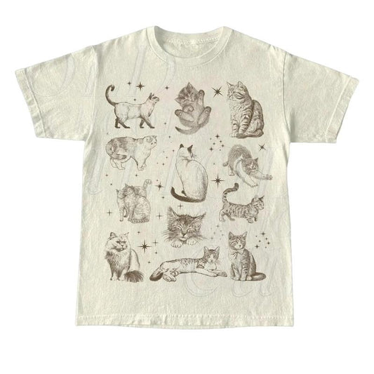 Vintage 90s Tattoo Cat Tshirt, Retro Kitten Nature Shirt, Cat Lovers Gift, Cats In Space Unisex Relaxed Adult Graphic Tee, Funny Gifts