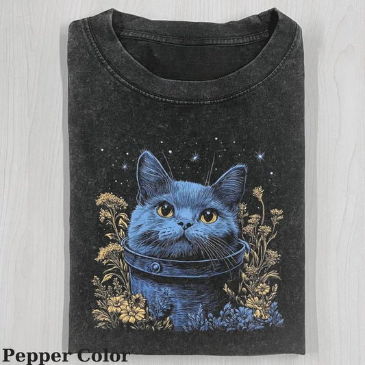 Vintage Blue Cat And Flower T-shirt, Cute Cat Shirt, Love Cat Tshirt-  Meme Cringe Funny Dumb Shirts, Unisex Shirt Menswear Womenswear Streetwear