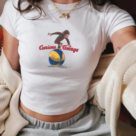 Vintage Curious George Play Ball  Baby Tee, Vintage Retro Graphic Tee, Y2k, 90s Clothing, Pinterest Aesthetic, 100% Cotton Graphic Tee