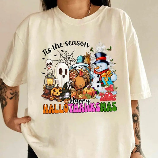 Vintage Happy Hallothanksmas Shirt, Happy Halloween Thanksgiving Christmas Shirt, Holiday Season, Funny Halloween Gift, Fall Shirt
