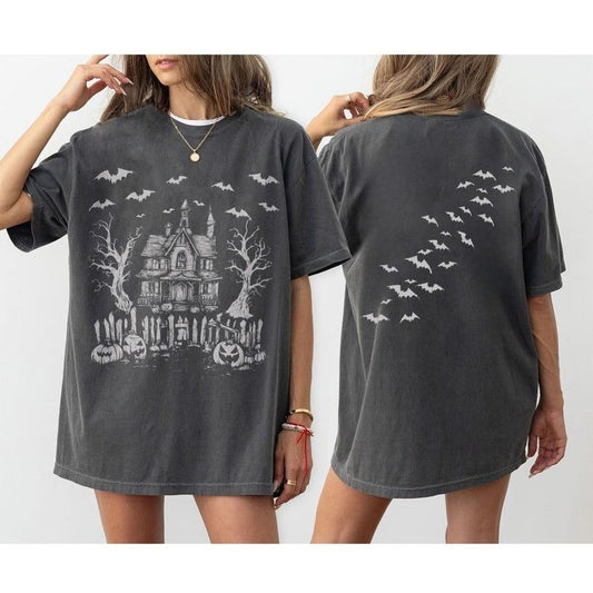Vintage Haunted House 2Sides T Shirt, Halloween Party Tee, Bats Tshirt, Spooky Season Sweatshirt, Halloween Shirt, Ghost Crewneck